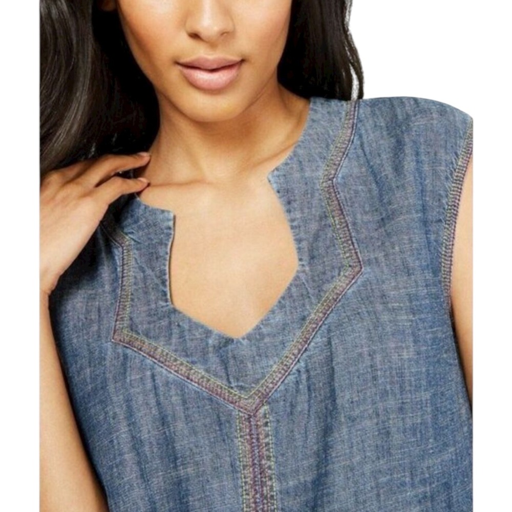 Trina Turk Chambray Shift Dress Size Medium Blue Frayed-Hem